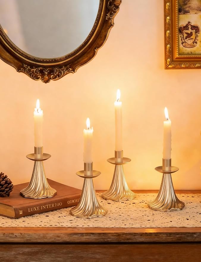 Taper Candle Holders Set of 6 - Victorian Style Gold Vintage Modern Decor, Table Mantel Centerpiece for Wedding Housewarming