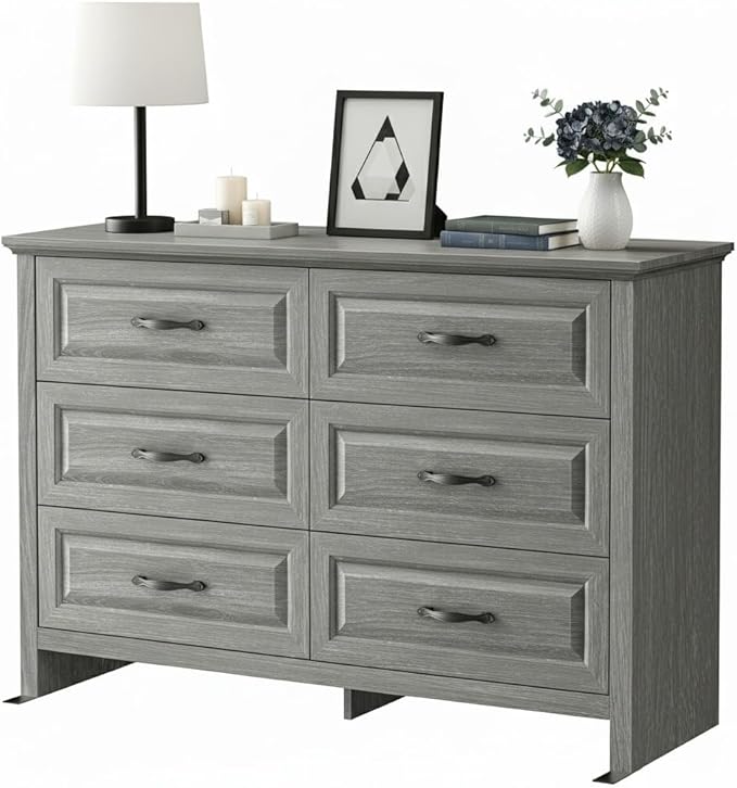 Marsail Farmhouse 6 Drawer Dresser, Wood Chest of Drawers with Natural Texture, Smooth Gliding Drawers, Versatile Storage Organizer Cabinet for Bedroom & Living Room, Grey