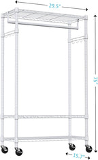 IZEUK Heavy Duty Rolling Garment Rack with 3 Adjustable Wire Shelves, Hanging Rod & Side Hooks - Mobile Clothes Rack with Wheels, 29.5" W x 15.7" D x 75" H, White