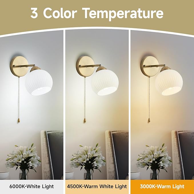 Gold Wall Sconce, mid Century Modern Sconce with Hand Pull Switch Indoor Wall Sconce for Bedroom Bedside Bathroom Kitchen Vanity Hallway Wall Mounted Light Fixture
