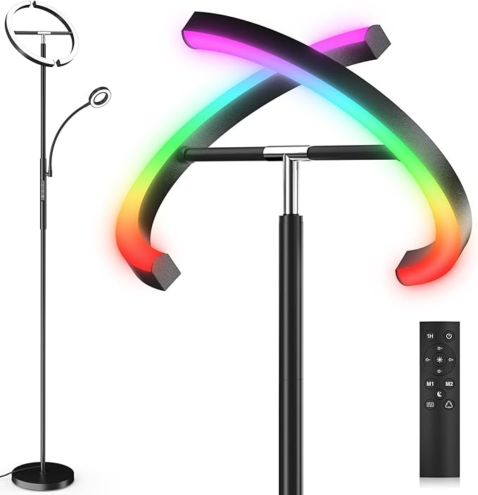 Upgraded 36W RGBCW Floor Lamp with Ring Reading Lamp, Rotatable Remote Control LED Standing Lamp Dimmable Floor Light Modern Standing Light for Living Room Bedroom Home Office, Black