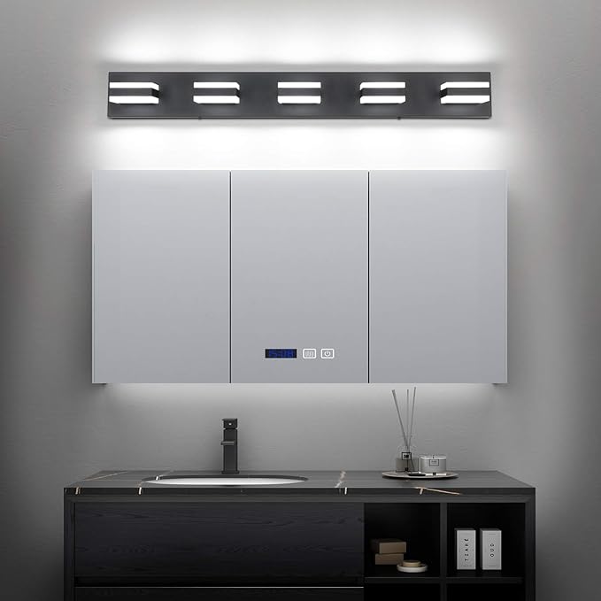 SOLFART Black Bathroom Vanity Lights Over Mirror Dimmable LED Modern Black Bathroom Lighting Bath Wall Lighting S8568 (5 Lights)