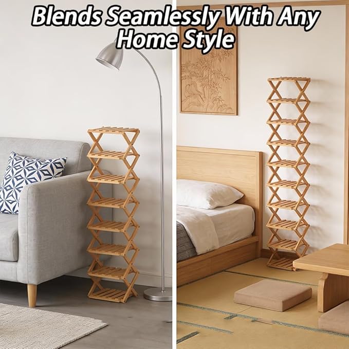 The 9-Tier No-Assembly Bamboo Rack(Foldable Storage), Bamboo Shoe Storage Rack, Space-Saving, Holds 14+ Pairs, Unfolds in 10 Sec (Nature, 7 Tier)