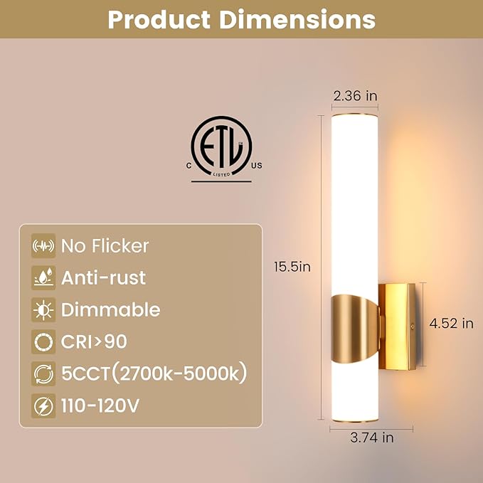 Gold Wall Sconces Set of Two 15 Inch Modern Bathroom Sconce with Acrylic Shades LED Hardwired Sconces Wall Lighting Fixtures for Living Room Bedroom Hallway, 2 Pack
