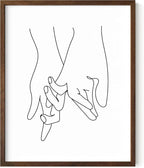 Holding Hands Wall Art Interlocking Fingers Continuous Line Drawing Love Connection 8x10 Inch Oak Wood Walnut Framed Modern Romance Print for Bedroom
