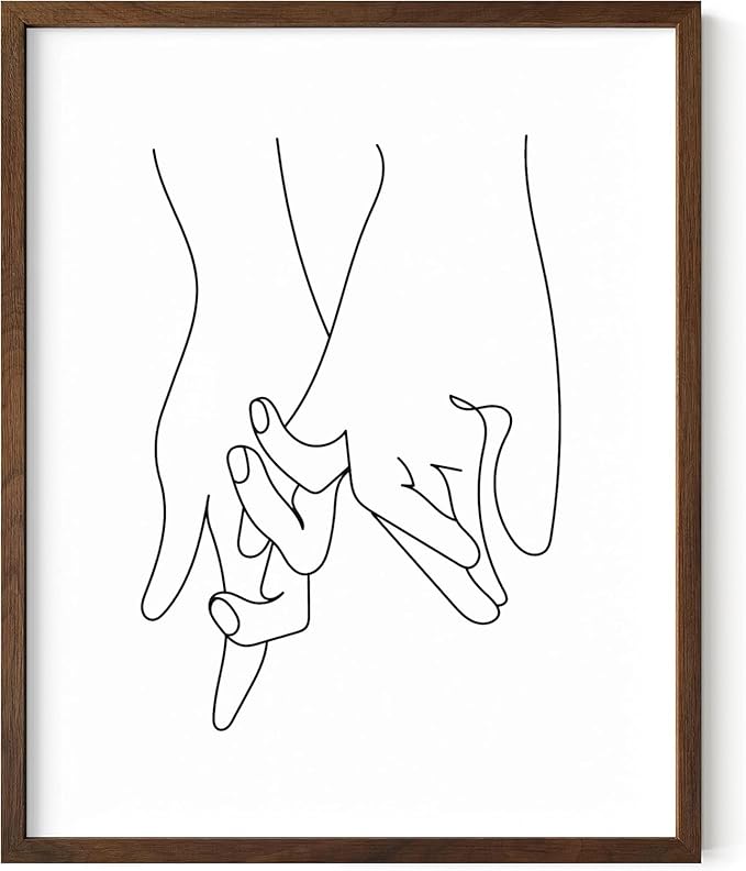 Holding Hands Wall Art Interlocking Fingers Continuous Line Drawing Love Connection 8x10 Inch Oak Wood Walnut Framed Modern Romance Print for Bedroom