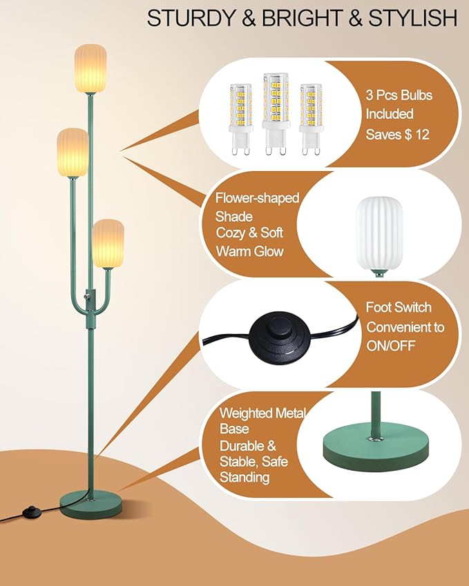 Lightdot 66IN Dimmable Floor Lamp 3-Lights Vintage Green Floor Lamps with Cylindrical Shade& Bulbs Included for Wedding/Party Modern Tall Standing Lamp for Living Room/Bedroom/Sofa Beside/Corner Decor