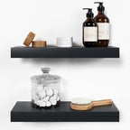 Homeforia Black Floating Shelf 18 inch, High End Solid Real Wood 18inch Bathroom Floating Shelves for Wall Mounted, Black Wooden 18in Floating Shelves, Heavy Duty Bracket, 18 X 6.5 X 1.75 in, Set of 2