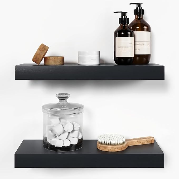 Homeforia Black Floating Shelf 18 inch, High End Solid Real Wood 18inch Bathroom Floating Shelves for Wall Mounted, Black Wooden 18in Floating Shelves, Heavy Duty Bracket, 18 X 6.5 X 1.75 in, Set of 4
