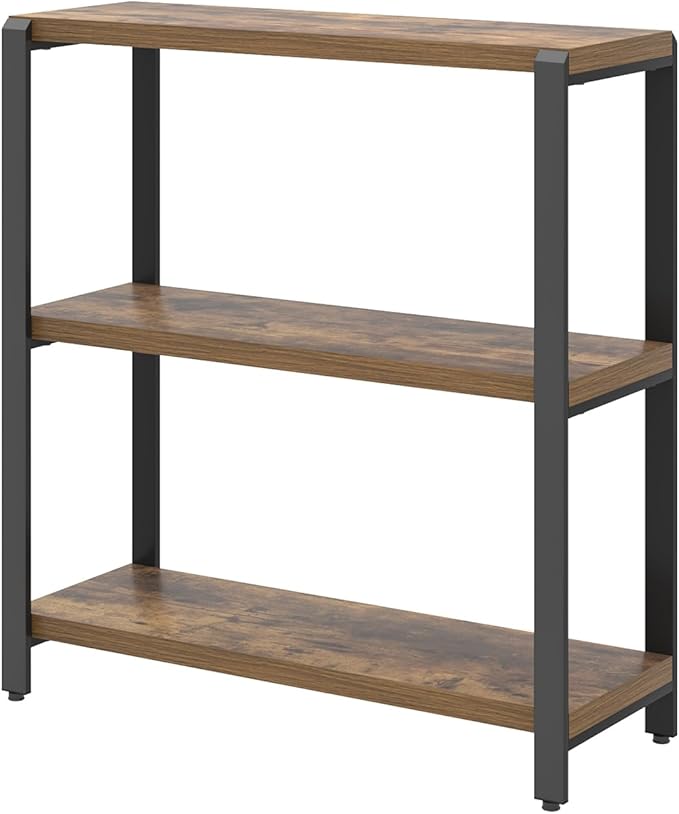 EXCEFUR Small Bookshelf, 3 Tier Short Low Book Shelf, Modern Metal and Wood Standing Etagere Bookcase for Home Office Living Room Bedroom, Rustic Brown
