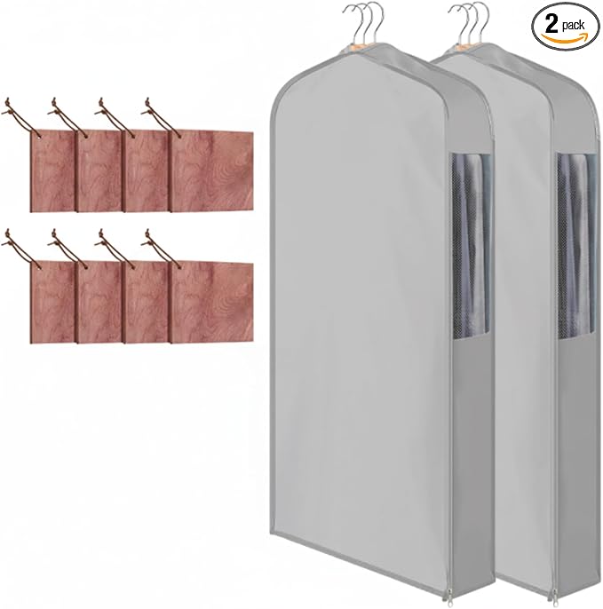 2 Set 40in Short Cotton Garment Bags, 6in Wide Gusset Hanging Storage Clothes with 8 Cedar Blocks, Transparent Mesh Window, Breathable Closet Bags for Fur Coat Suit Sweater Dress, Gray