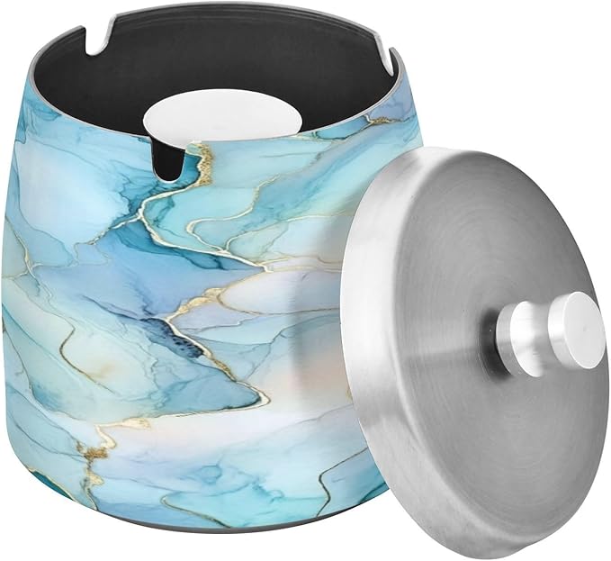 Aqua Blue Gold Marble Textures Ashtray with Lid, Outdoor Ashtrays for Patio, Stainless Steel Ashtray Odorless Smokeless for Home Office Balcony