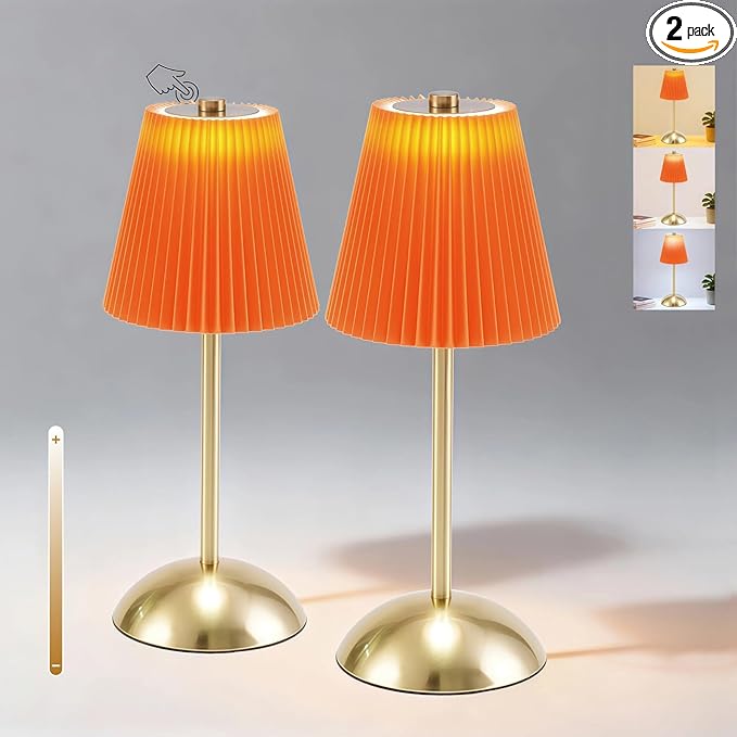 Set of 2 Cordless Table Lamps Rechargeable, 3CCT & Stepless Dimming, LED Wireless Outdoor Table Lamp with Touch Activation for Tabletop Bedside Patio, 4.5" W x 11.5" H (Tangerine Orange)
