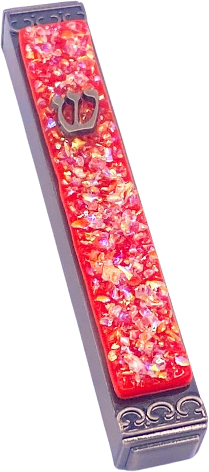 Sparkling Art Glass Mezuzah - Easy Mount Indoor or Outdoor - Weatherproof Metal Case - Gift Box and Non-Kosher Scroll Included - Hand Made in USA - Guaranteed for Life! (Pimento Red)