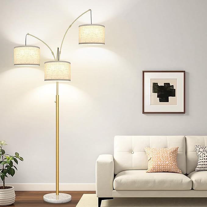 Nintiue Dimmable Floor Lamp - 3 Lights Gold Floor Lamps for Living Room Linen White Shades & Marble Base, Mid Century Tree Floor Lamp for Bedroom Office, 3 LED Bulbs Included