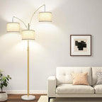 Nintiue Dimmable Floor Lamp - 3 Lights Gold Floor Lamps for Living Room Linen White Shades & Marble Base, Mid Century Tree Floor Lamp for Bedroom Office, 3 LED Bulbs Included
