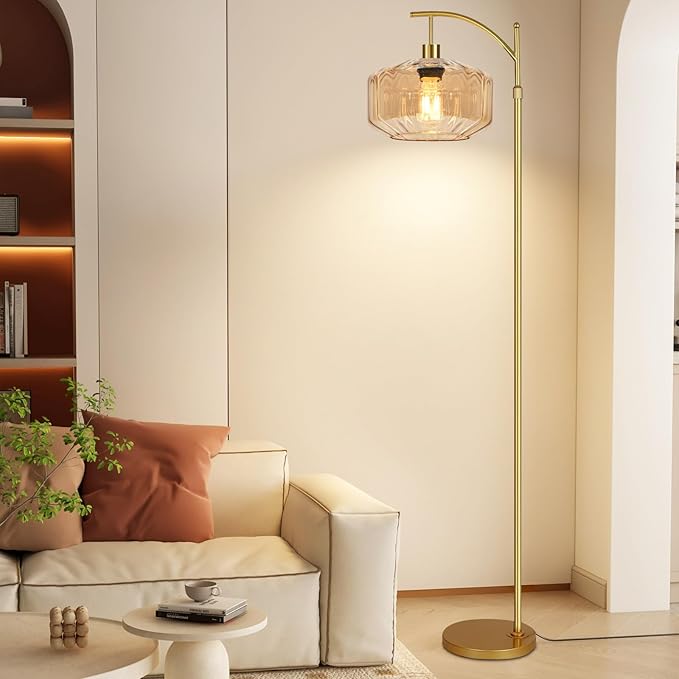 Gold Floor Lamps for Living Room Vintage Floor Lamp with Remote Control,Dimmable Floor Lamp Glass Mid Century Modern Standing Lamp 3 Color Temperature Brass Tall Floor Lamps for Bedroom Corner
