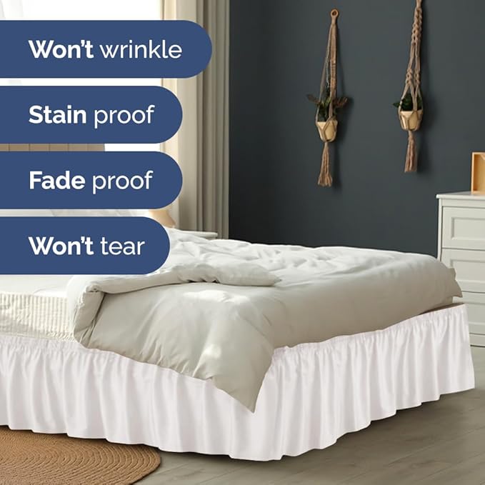 Wrap Around Dust Ruffle Bed Skirt - Antique White - for King Size Beds w/ 15 Inch Drop - Easy Fit Elastic Strap - Adjustable Pleated Bedskirt w/Brushed Fabric, Wrinkle Free Women, Men, Kids & Teens