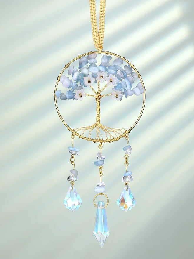CrystalTears Aquamarine Crystal Tree Life Hanging Ornament for Wall Window Home Room Decor, Feng Shui Healing Crystals Gemstone Glass Suncatcher Car Ornament, Crystal Gifts for Women Christmas