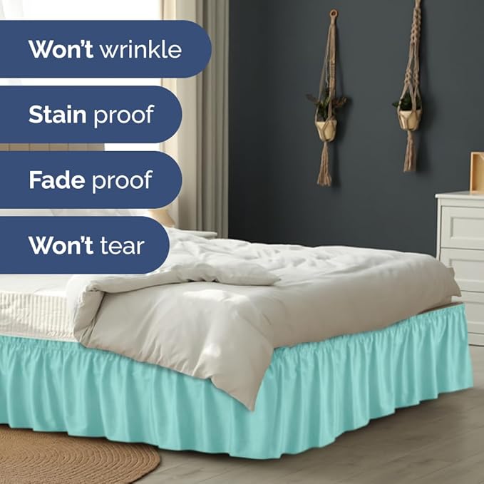 Wrap Around Dust Ruffle Bed Skirt - Spa Blue - for Queen Size Beds with 12 Inch Drop - Elastic Strap - Adjustable Pleated Bedskirt with Brushed Fabric and Wrinkle Free - for Women, Men, Kids & Teens