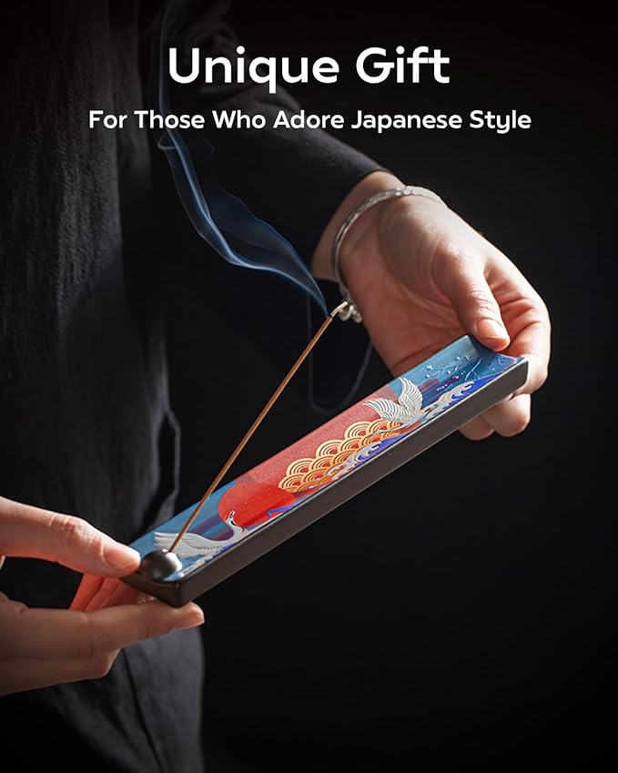 Japanese Incense Stick Holder with Ash Catcher - Ceramic Incense Burner with Traditional Ukiyo-e Art, for Zen Meditation, Home Decor & Gift