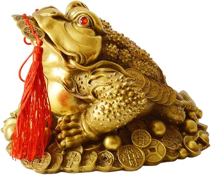 Brass Feng Shui Money Frog Three Legged Wealth Traditional Frog Money Toad Statue with Set of 5 Lucky Charm Ancient Coins on Red String Home Car Fengshui Decor (B1 Money Frog)
