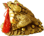 Brass Feng Shui Money Frog Three Legged Wealth Traditional Frog Money Toad Statue with Set of 5 Lucky Charm Ancient Coins on Red String Home Car Fengshui Decor (B1 Money Frog)