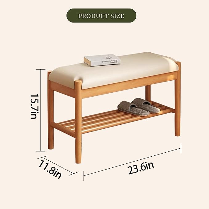 Solid Wood Shoe Bench with Cushion, 2-Tier Shoe Rack for Front Door Entrance, Enterway Benches with Shoe Storage (Natural, 23.6in)