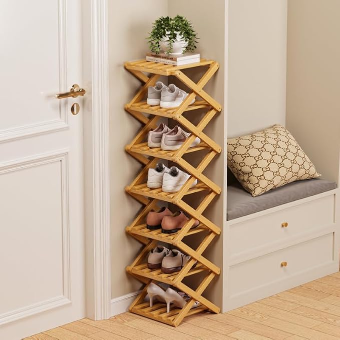 Bamboo Shoe Rack Organizer, 2-10 Tiers, Natural or Tea Color, No-Tool Assembly, Foldable Storage Shelf (No Installation 9 Layer 30-Tan)