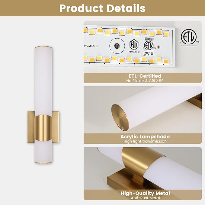 Gold Wall Sconces Set of Two 15 Inch Modern Bathroom Sconce with Acrylic Shades LED Hardwired Sconces Wall Lighting Fixtures for Living Room Bedroom Hallway, 2 Pack