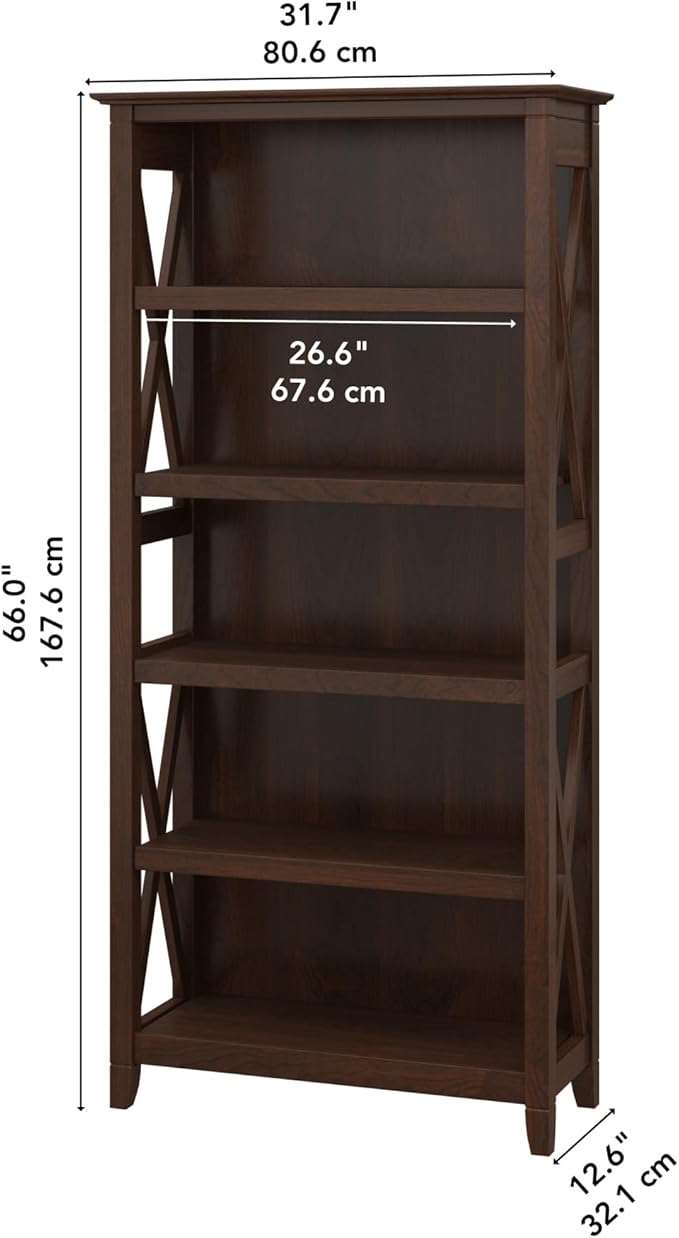 Bush Home Tall 5 Shelf Bookcase for Living Room or Home Office, Large Bookshelf, Modern Farmhouse Style, Key West Collection, Bing Cherry