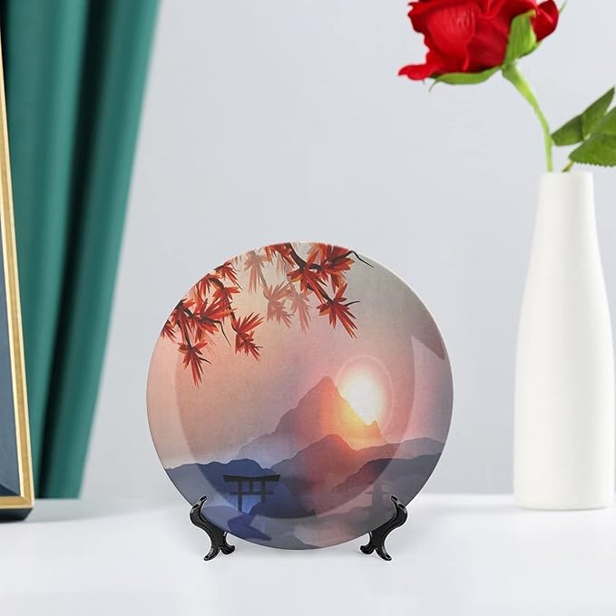 Ceramic Plates, Asian Decorative Ceramic Plates, Majestic Himalayas Peaks Tops Circle Culture, 8 Inch, for Dining, Parties, Wedding, Blue Pink Red