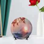 Decorative Plates, Asian Print Ornament, Majestic Himalayas Peaks Tops Circle Culture, 7 Inch, 1 Plate with 1 Display Stand, Blue Pink Red