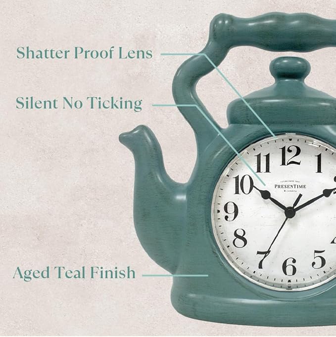 Presentime & Co. 11" Teapot Clock, Silent Non Ticking, Modern Farmhouse Style, Wall & Mantel 2 in 1 Clock, Desk & Shelf, Aged Teal Finish (Wall Deocration/Home Decoration/Tabletop Décor)