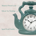 Presentime & Co. 11" Teapot Clock, Silent Non Ticking, Modern Farmhouse Style, Wall & Mantel 2 in 1 Clock, Desk & Shelf, Aged Teal Finish (Wall Deocration/Home Decoration/Tabletop Décor)