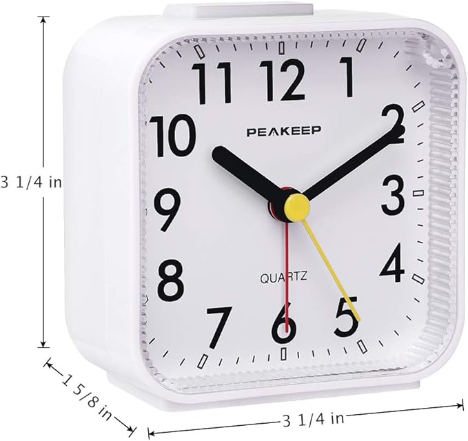 Peakeep Small Battery Operated Analog Travel Alarm Clock Silent No Ticking, Lighted on Demand and Snooze, Beep Sounds, Gentle Wake, Ascending Alarm, Easy Set (White)