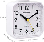 Peakeep Small Battery Operated Analog Travel Alarm Clock Silent No Ticking, Lighted on Demand and Snooze, Beep Sounds, Gentle Wake, Ascending Alarm, Easy Set (White)