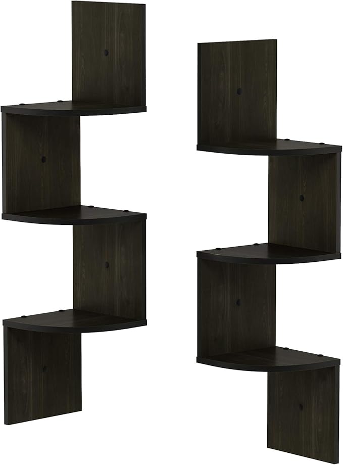 Furinno Rossi Wall Mount Floating Corner Shelf, 3-Tier Radial Set of 2, Espresso