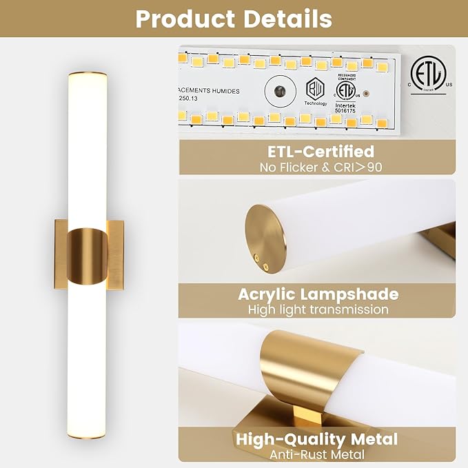 Modern Gold Wall Sconce 22 Inch Dimmable Bathroom Sconces 5CCT Led Wall Lights with Acrylic Shade Hardwired Long Vanity Lighting Fixtures Over Mirror for Bedroom Living Room