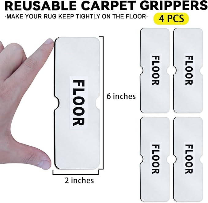 Rug Carpet Non Slip Grippers, Reusable Rug Tape Stickers Pads for Hardwood Floors and Tiles, Double Adhesive Carpet Grippers for Area Rugs Corners Flat, No Damaging for Floor Removable, 4Pcs