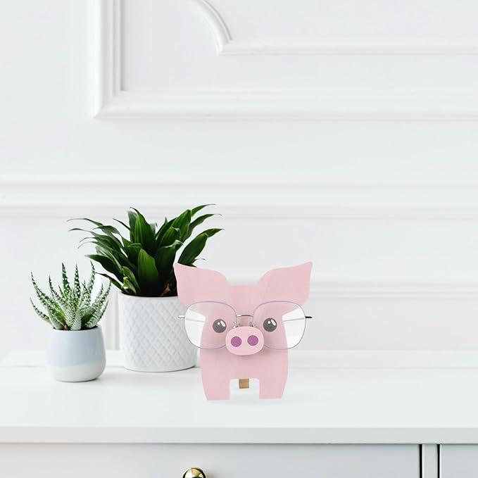 Wooden Pig Figurine Eyeglass Holder Glasses Organizer Stand Desktop Sunglasses Display Rack Wood Carving Decoration for Office Table