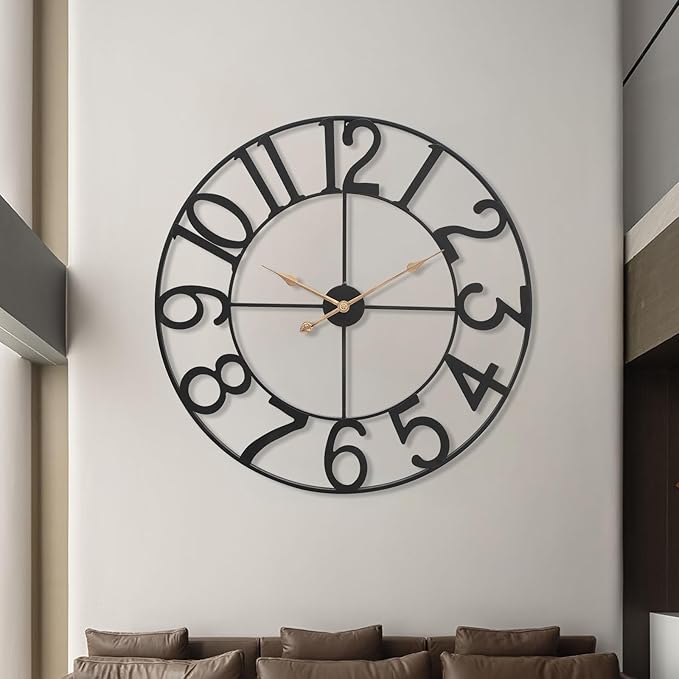 Modern Industrial Wall Clock with Cutout Metal Numerals, Grey and Gold Vintage Luxury Design for Living Room and Office Decor, 36 Inch
