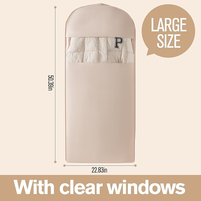 2 Packs Gusseted Garment Bags for Hanging Clothes Suit Bags for Open Closet Storage, Side Clear Clothing Cover for Coat, Dress, Jacket, Shirt, Fur Wardrobe Protector, (ecru, 52 inch)