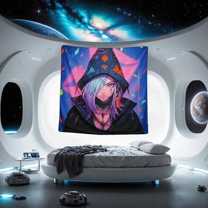 HOUHUANG Hanging paintings, blacklight tapestry, murals, and decorative paintings, fluorescent anime, cartoons, polyester material (59 "x 59") for families, bars, and outdoor parties (Cloak Girl)