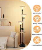 Flower Floor Lamp for Living Room, Dimmable Vintage Floor Lamp with Shelf &3 LED Bulbs, 3 Light 3000K Soft Warmwhite Mid Century Black Standing Lamp, Floral Tall Lamp for Bedroom Office
