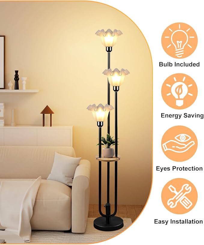 Flower Floor Lamp for Living Room, Dimmable Vintage Floor Lamp with Shelf &3 LED Bulbs, 3 Light 3000K Soft Warmwhite Mid Century Black Standing Lamp, Floral Tall Lamp for Bedroom Office