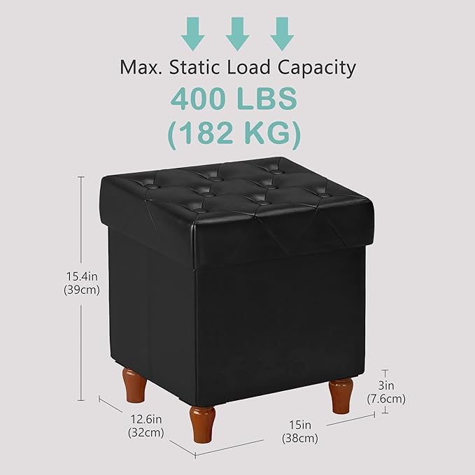 CAROLMADE Folding Storage Ottoman Cube PU Leather Footstool with Wood Legs Ottoman Footrest for Living Room and Bedroom Black, 15x12.6 x 15.4”