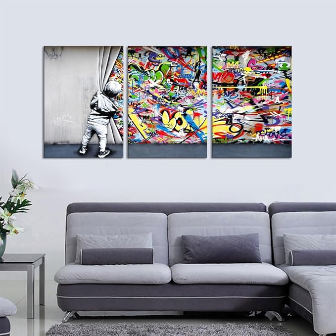 Novatique Banksy Wall Art Street Graffiti Picture Wall Decor Colorful Behind the Scenes Graffiti Poster Print Framed Ready to Hang Suitable for Living Room Office, 20" x 28" x 3Pcs