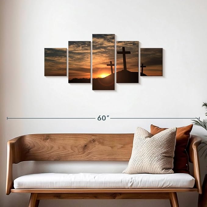 Elephant Stock Cross Silhouettes Wall Art Multi Piece Canvas - 5 Panel Christian Pictures Decor - Digital Design Canvas Print - Christian Wall Decor - 42" X 19"
