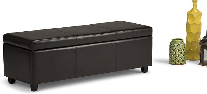 SIMPLIHOME Avalon Storage Ottoman Bench - 48 inch Wide Upholstered Vegan Leather Rectangular Lift-Top Ottoman in Tanners Brown, Contemporary Storage Bench for Living Room with High-Density Foam